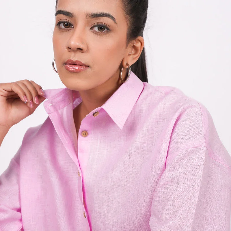 Linen Pink Shirt for Women | Half Sleeves | Drop Shoulder