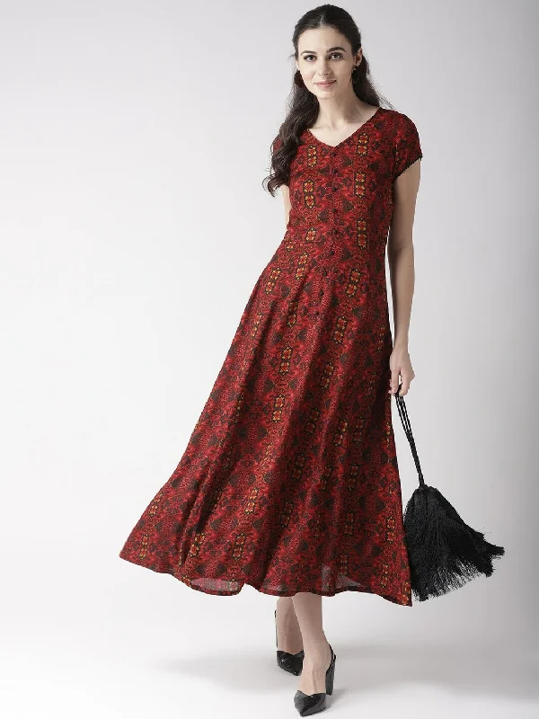 plusS Red  Black Ethnic Motifs Printed Fit  Flare Dress