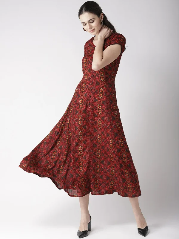 plusS Red  Black Ethnic Motifs Printed Fit  Flare Dress