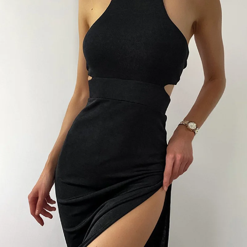 Sixsr Cut Out Halter Neck Dress, Stylish Backless Split Hem Slim Tied Dress, Women's Clothing