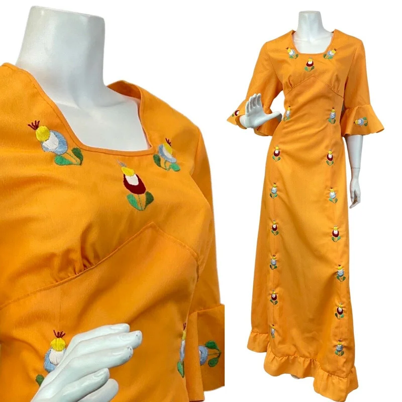 VINTAGE 60s 70s ORANGE BLUE GREEN RED FLORAL EMBROIDERED BOHO MAXI DRESS 12