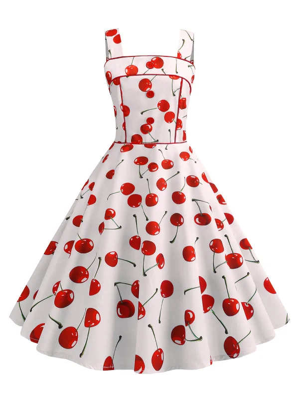 White 1950s Cherry Wide Straps Dress