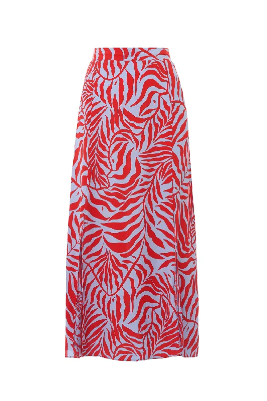 Blue with Red Palm Split Front Skirt