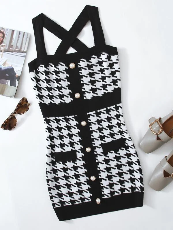 Button Front Crisscross Back Houndstooth Sweater Dress