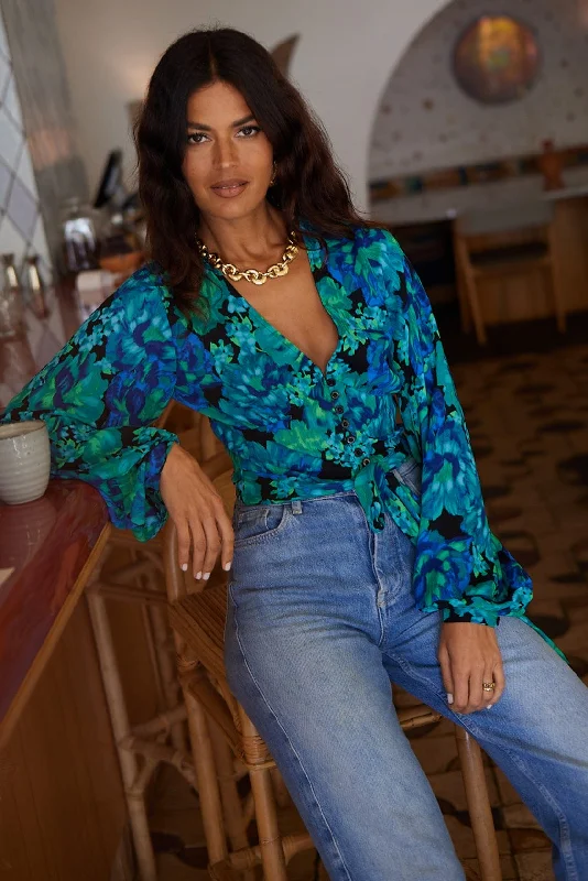 Joanie Tie Top In Blue & Green Floral