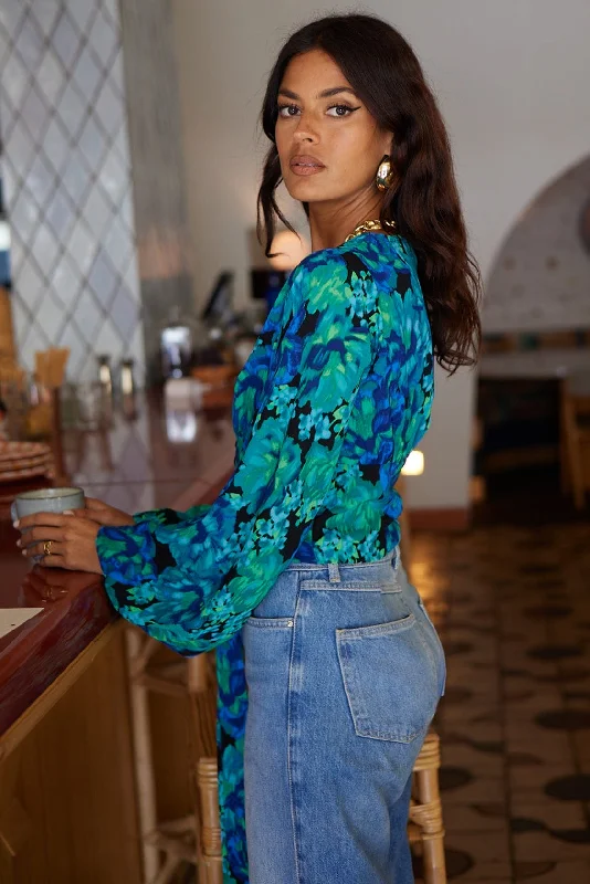 Joanie Tie Top In Blue & Green Floral