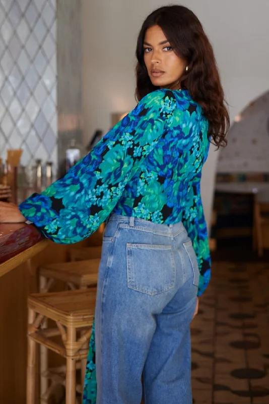 Joanie Tie Top In Blue & Green Floral