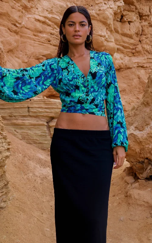 Joanie Tie Top In Blue & Green Floral