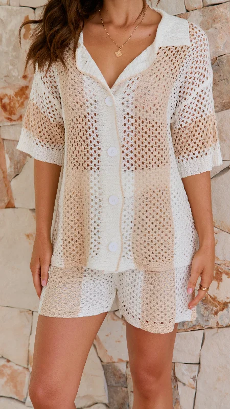 Kadri Knit Button Up Shirt and Shorts Set - Beige / White