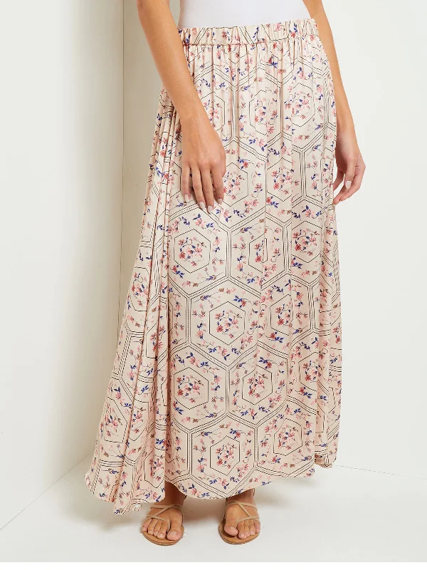 Maxi A-Line Pleated Skirt - Floral Print Crepe de Chine