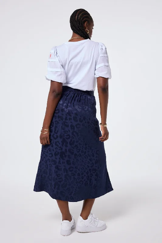 Navy Jacquard Leopard Split Front Skirt