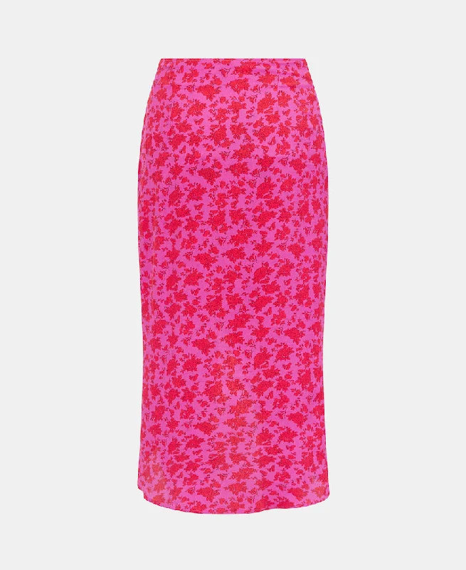 Pink Floral Ruche Side Midi Skirt