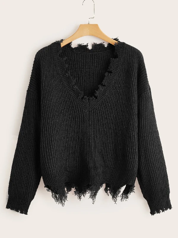 Plus Chunky Knit Frayed Drop Shoulder Sweater