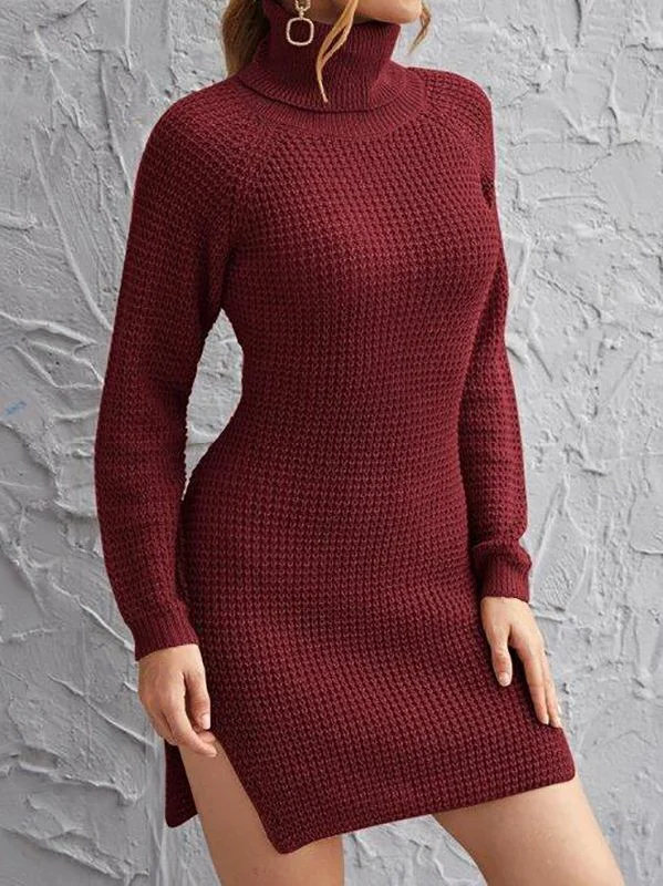 Rolled Neck Raglan Sleeve Split Side Sweater Dress