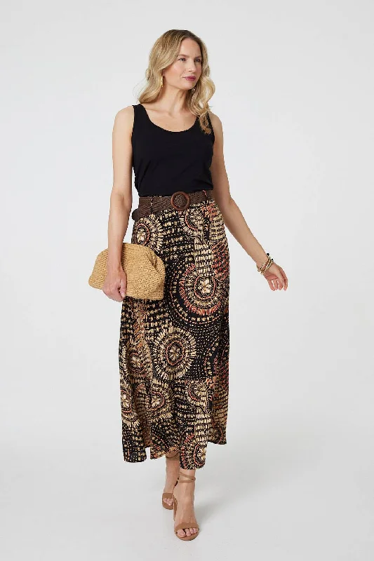 Aztec Print A-Line Belt Maxi Skirt