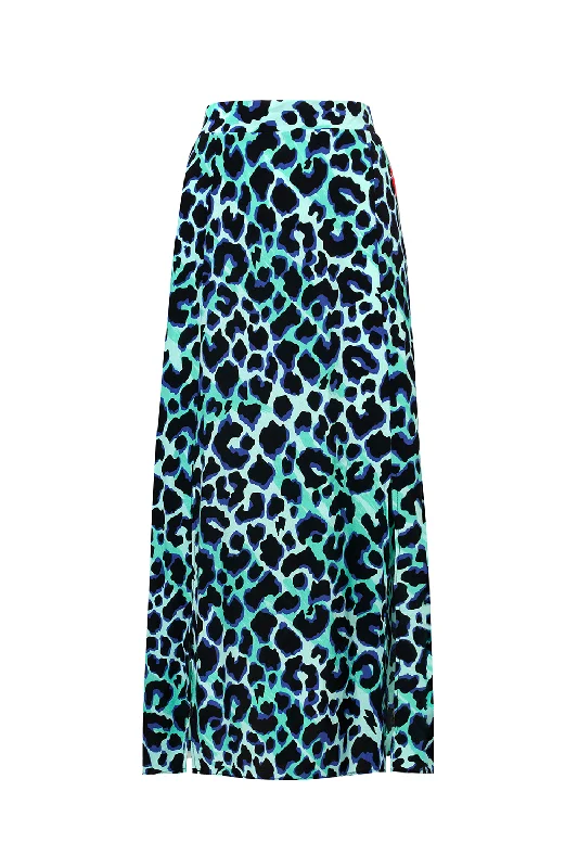 Turquoise with Black and Blue Shadow Leopard Split Front Skirt