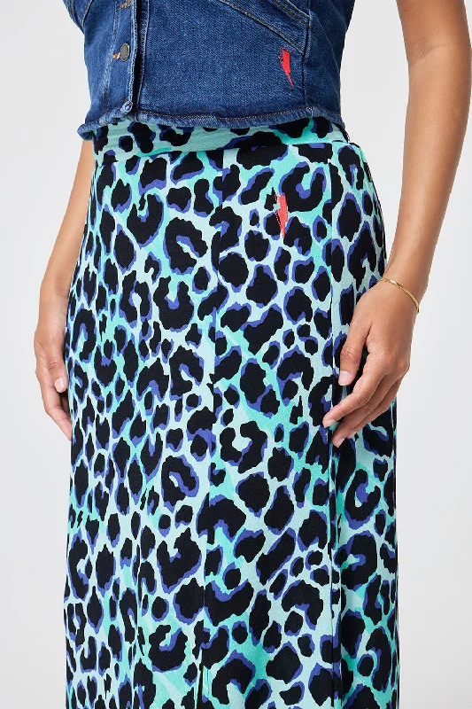 Turquoise with Black and Blue Shadow Leopard Split Front Skirt