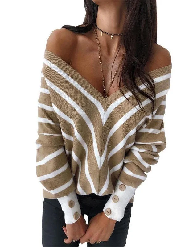 New Women's Strapless Striped V-neck Sweater