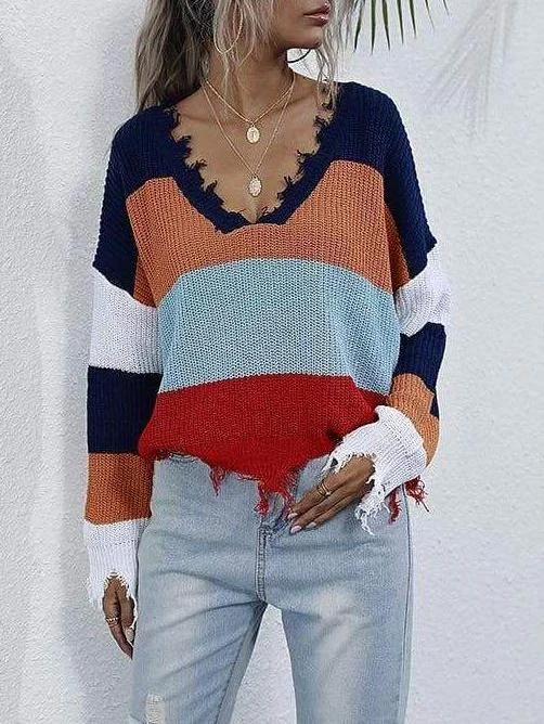 Women's  V-Neck Stripes Knitted Sweater