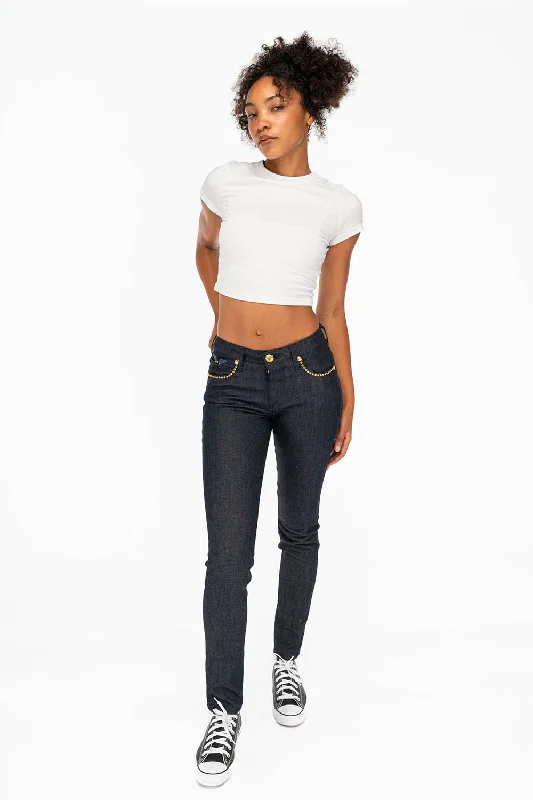 WOMENS CLASSIC 5 POCKET SKINNY JEANS WITH GOLD CRYSTALS IN RAW