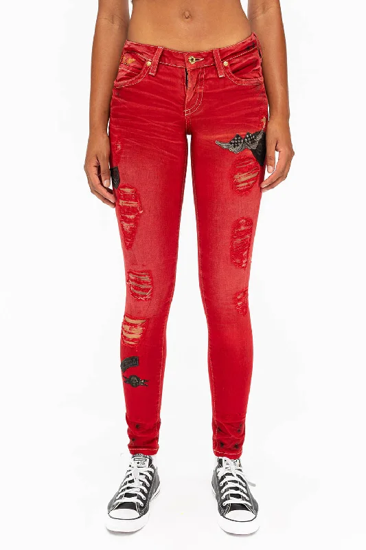 SKINNY RIPPED WOMENS JEANS WITH PATCHES IN F_UP RED