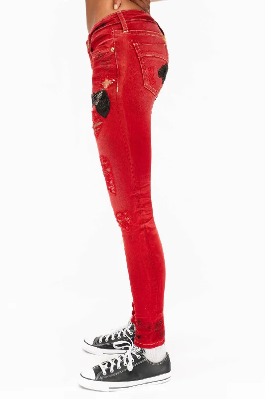 SKINNY RIPPED WOMENS JEANS WITH PATCHES IN F_UP RED