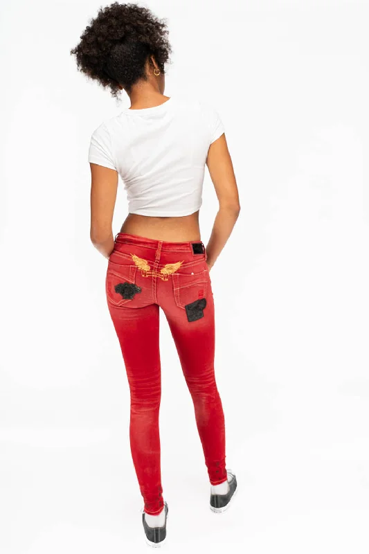 SKINNY RIPPED WOMENS JEANS WITH PATCHES IN F_UP RED