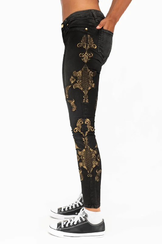 MID RISE WOMENS JEANS WITH GOLD EMBROIDERY IN LA BLACK