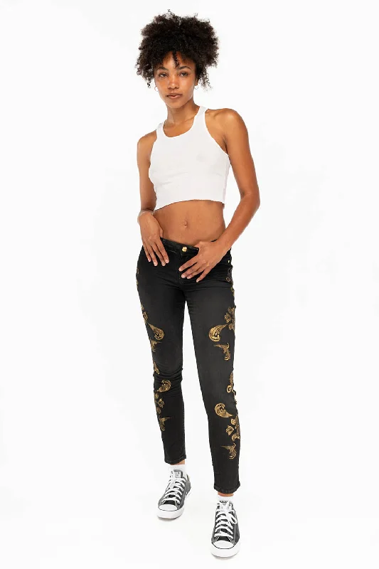 MID RISE WOMENS JEANS WITH GOLD EMBROIDERY IN LA BLACK