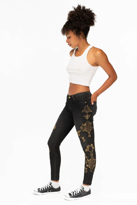 MID RISE WOMENS JEANS WITH GOLD EMBROIDERY IN LA BLACK