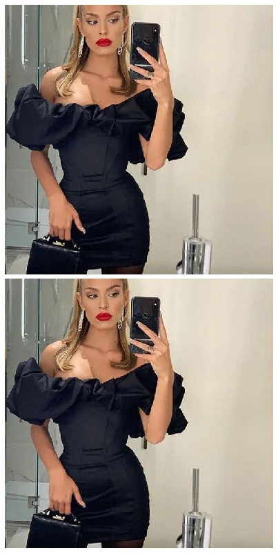 2019 Homecoming dress Black Dress Women Ruffles Sleeve Strapless Black Dress    cg11232