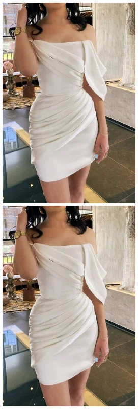 2019 Homecoming dress white satin off the shoulder wedding dress short   cg11231