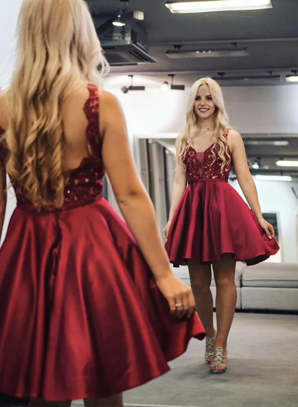 Burgundy v neck lace short dress party dress Homecoming dress   cg11201