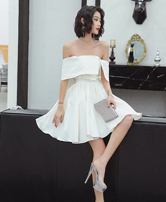 Cute white satin short dress white homecoming dress   cg11126