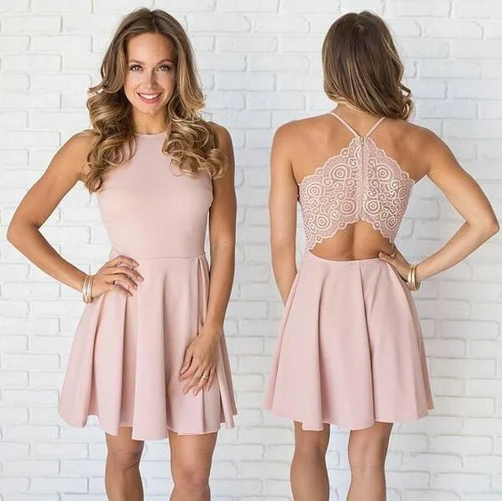 Pink Short Homecoming Dress Jewel Neck Sexy Open Back Summer Dresses   cg11399