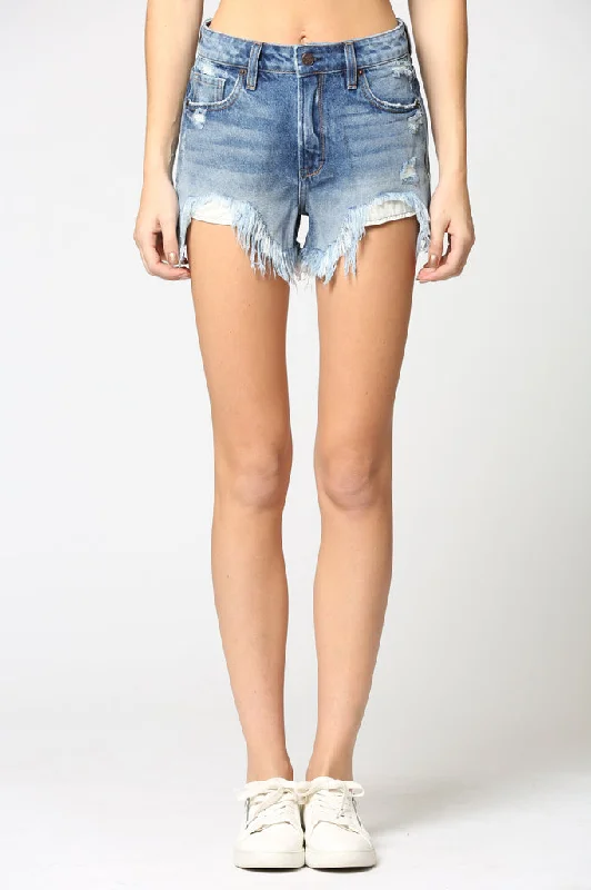 Hidden Sofie Medium wash heavy fray high rise shorts