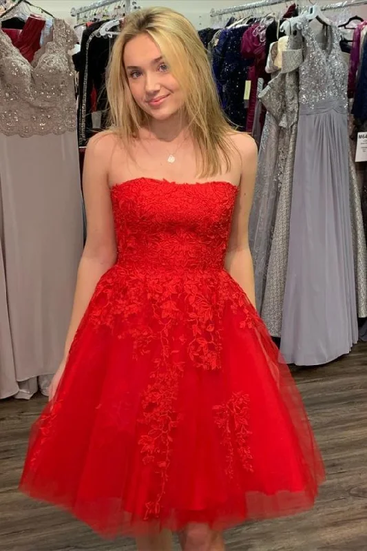 strapless red lace appliques short homecoming dress   cg10959