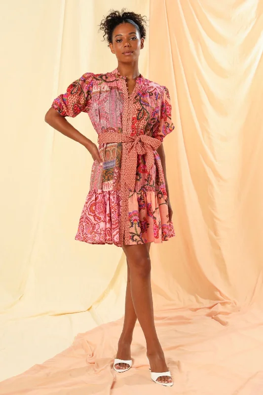 Arianna Pink Multi Front Button Mini Dress