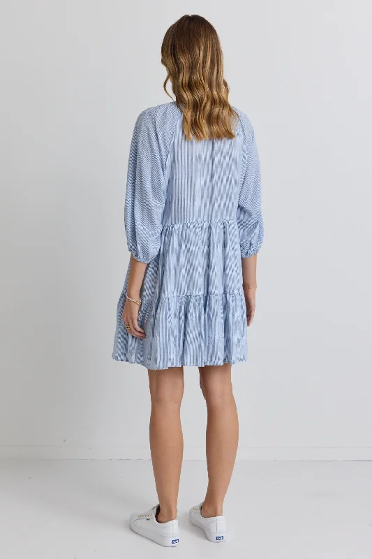 Aries Blue Stripe Balloon Sleeve Tiered Button Front Mini Dress