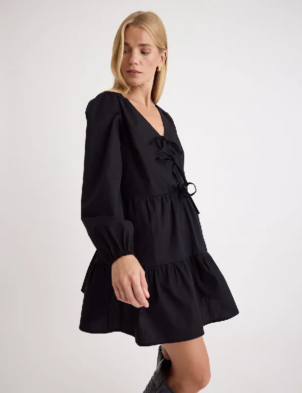 Black Bernadetta Tie Front Mini Dress