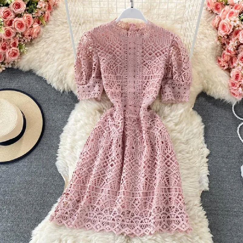 Chic Pink O-neck Hollow Out Lace High Waist Puff Sleeve Mini Dress AR1010