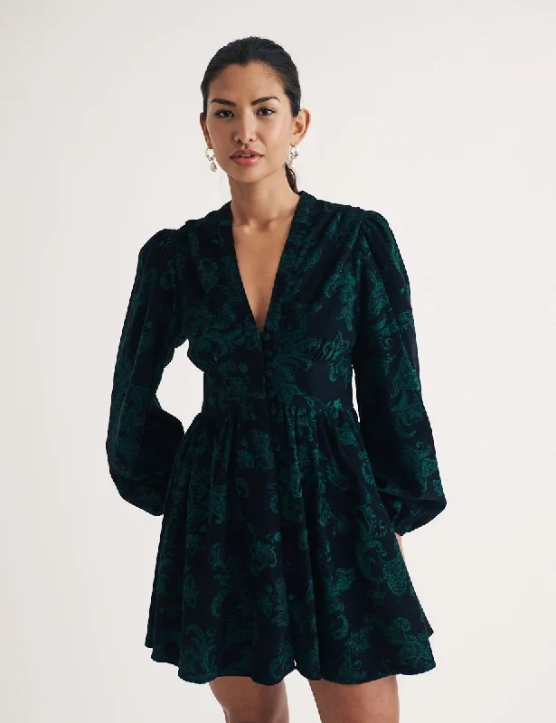 Green Cord Floral Embroidered Starlight Mini Dress