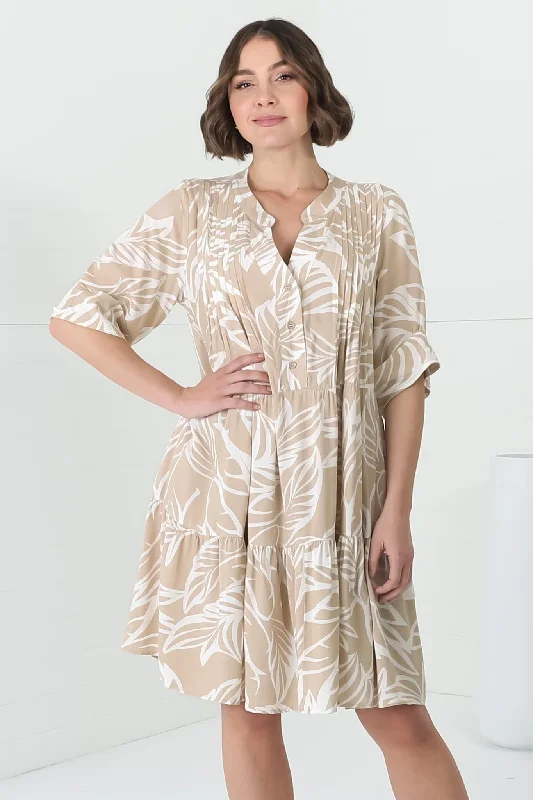 Evie Mini Dress - 3/4 Sleeve Tiered Smock Dress in Jeani Print Beige