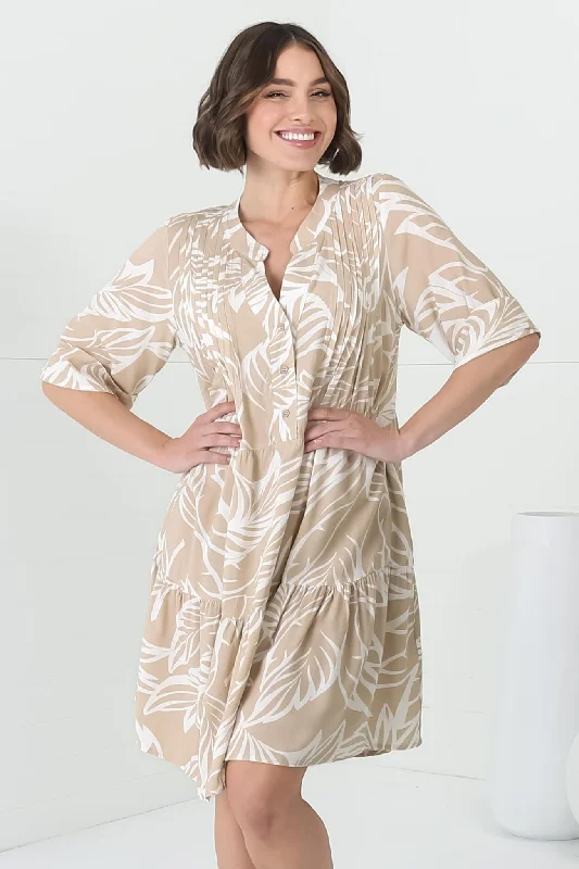 Evie Mini Dress - 3/4 Sleeve Tiered Smock Dress in Jeani Print Beige