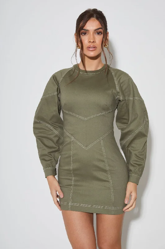 KALI Khaki Contrast Stitch Mini Dress