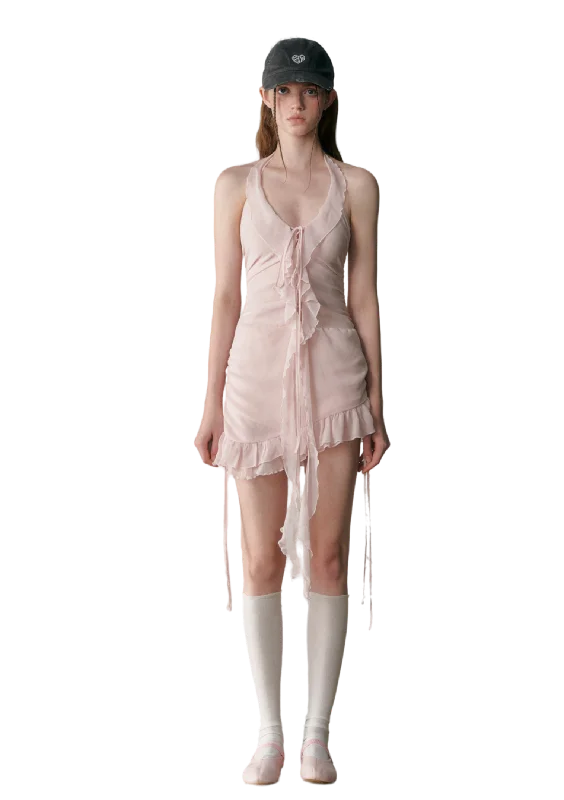 LLDC Pink Ruched Chiffon Halterneck Mini Dress