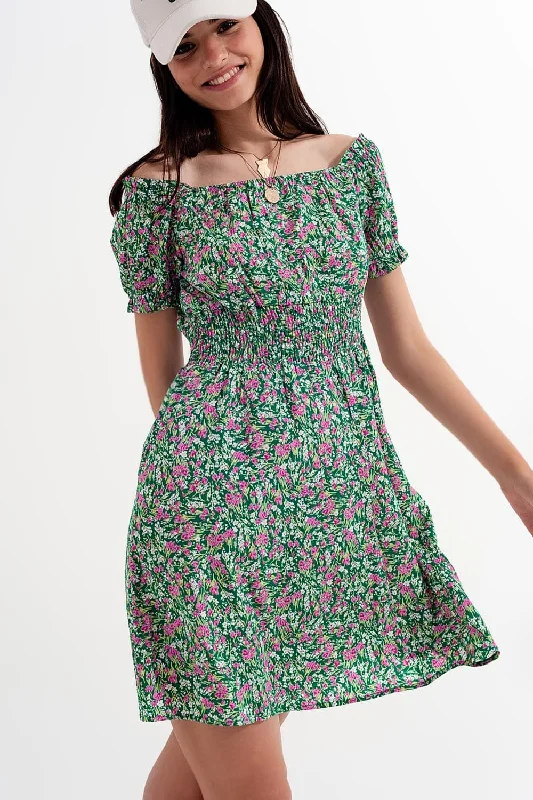 Mini Dress With Shirred Detail In Green Ditsy Floral Print