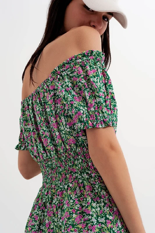 Mini Dress With Shirred Detail In Green Ditsy Floral Print