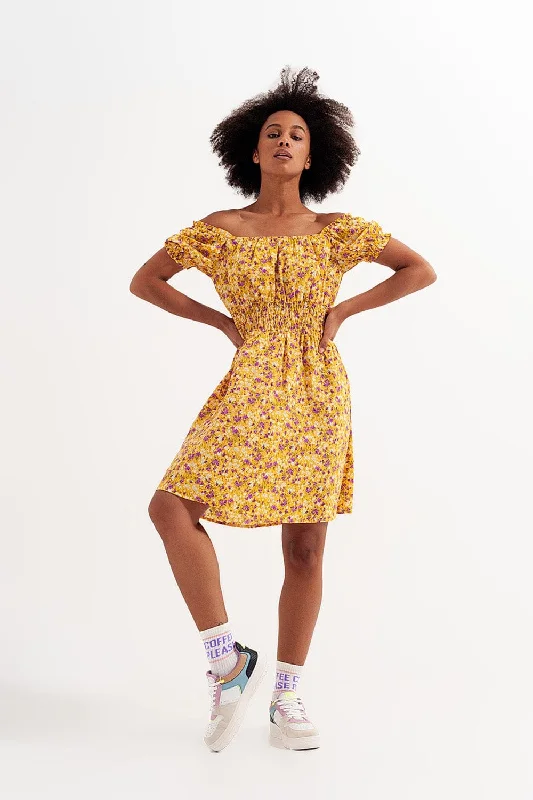 Mini Dress With Shirred Detail In Yellow Ditsy Floral Print