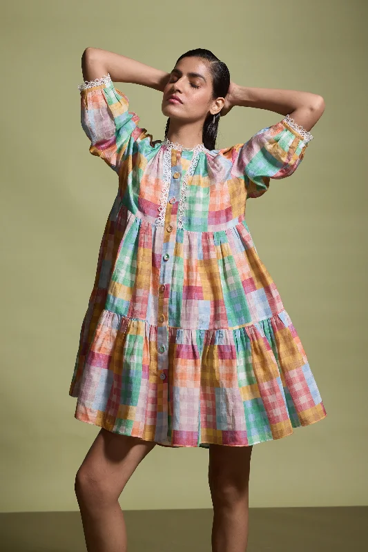 Multicolour Check Tiered Mini Dress